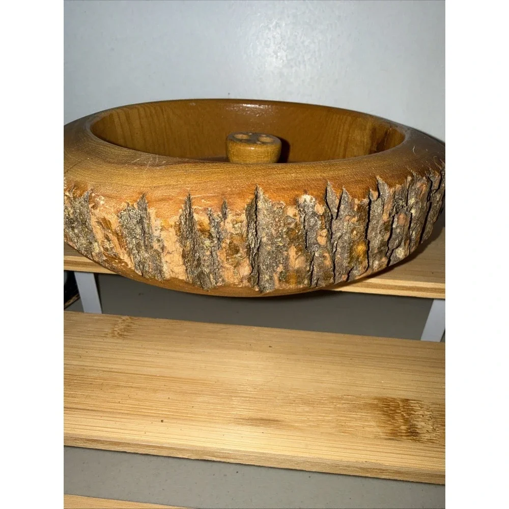 Vintage Wood Nut Cracking Bowl W Natural Tree Bark